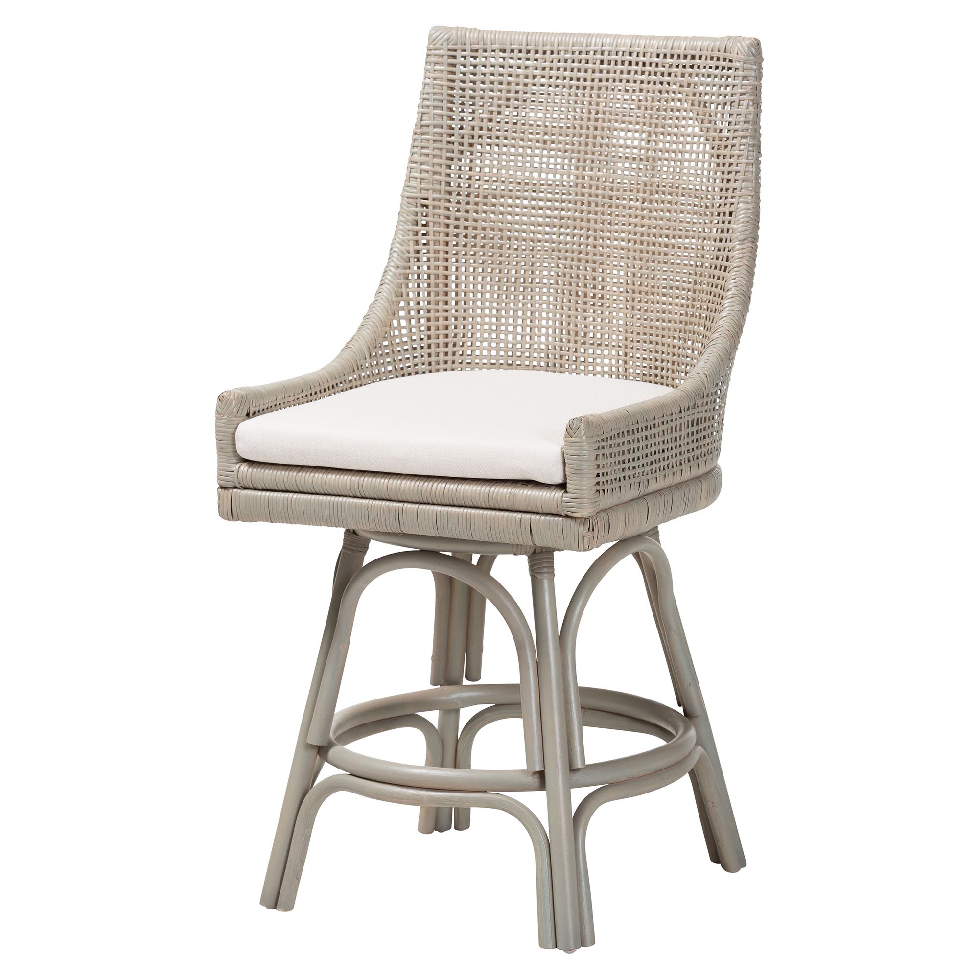 bali & pari Bella Swivel Rattan Counter Stool with Cushion - Handwoven Wicker Kitchen Island Seating with Backrest and Footrest, French Grey
